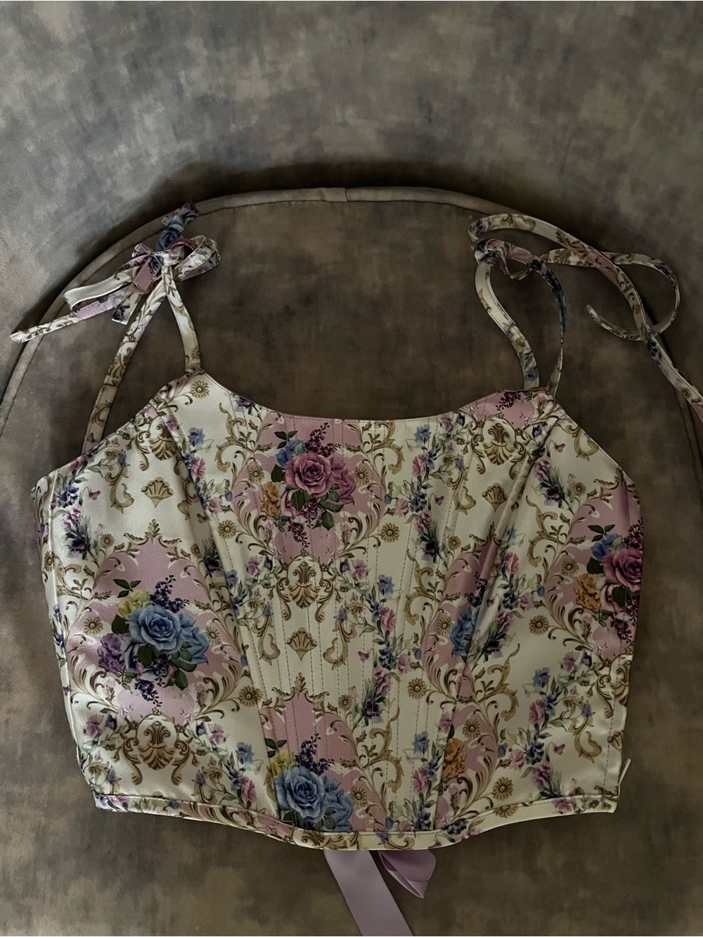 Sugar Thrillz Floral Satin Tie-Shoulder Corset Brocade Crop Top - Pink/White